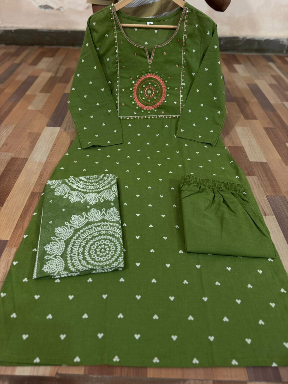 Graceful Green Cotton Embroidered Suit Set with Dupatta