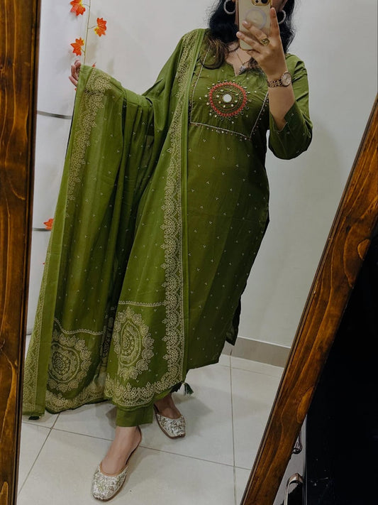 Graceful Green Cotton Embroidered Suit Set with Dupatta