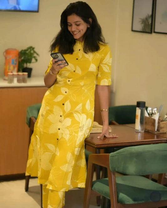 Women'S Cotton Yellow Floral Print Co-Ords Set