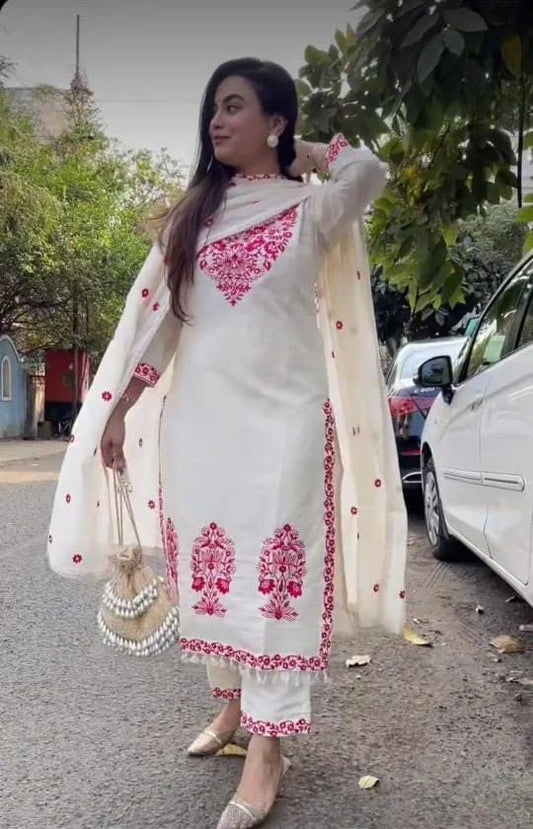 White Embroidered Cotton Kurta and Pant Set with Dupatta