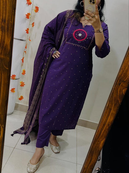 Elegant Purple Cotton Embroidered Suit Set with Dupatta