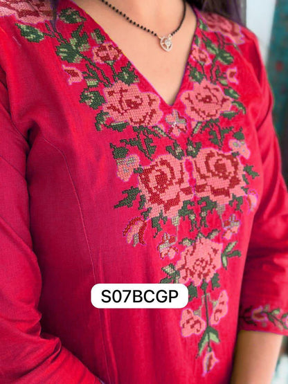 Red Cotton Embroidered Kurta Set