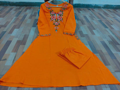 Elegant Orange Cotton Embroidered Kurta Set