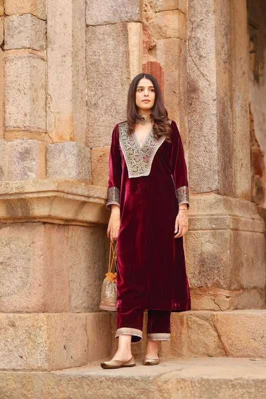 Premium Maroon Velvet Embroidered Kaftan Kurta