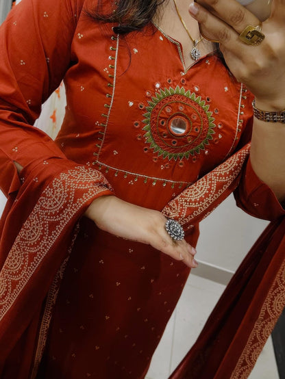 Vibrant Orange Cotton Embroidered Suit Set with Dupatta
