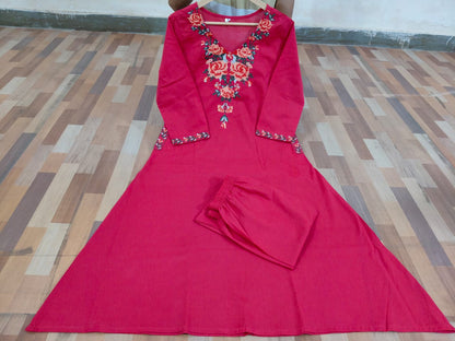 Red Cotton Embroidered Kurta Set