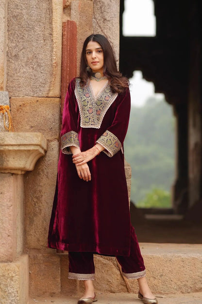 Premium Maroon Velvet Embroidered Kaftan Kurta