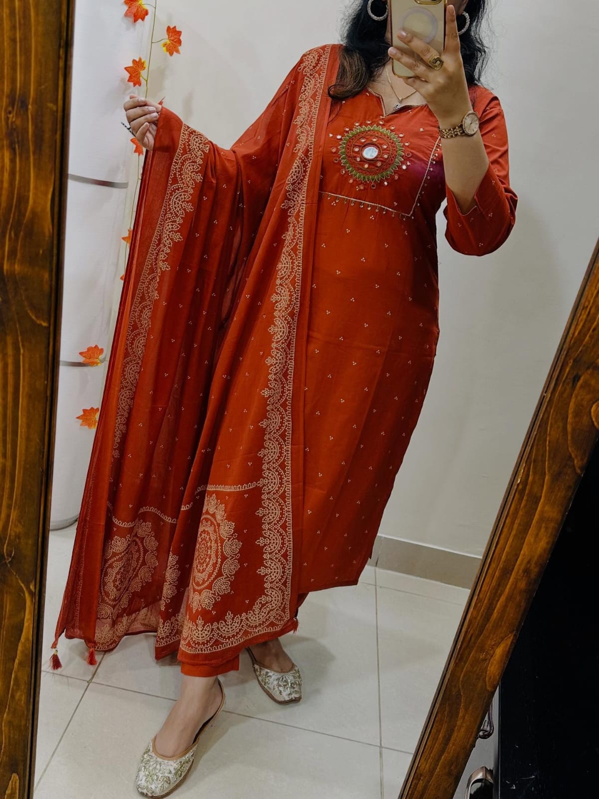 Vibrant Orange Cotton Embroidered Suit Set with Dupatta