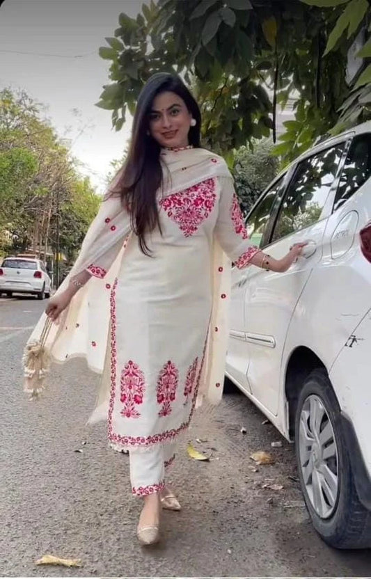 White Embroidered Cotton Kurta and Pant Set with Dupatta
