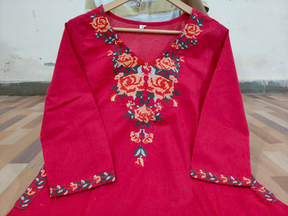 Red Cotton Embroidered Kurta Set