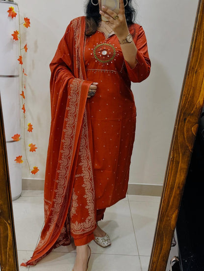 Vibrant Orange Cotton Embroidered Suit Set with Dupatta