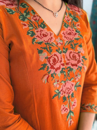 Elegant Orange Cotton Embroidered Kurta Set
