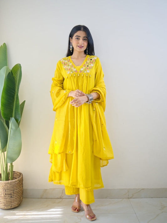Yellow Mirror Work Festive Kurta Set with Tassels for Women