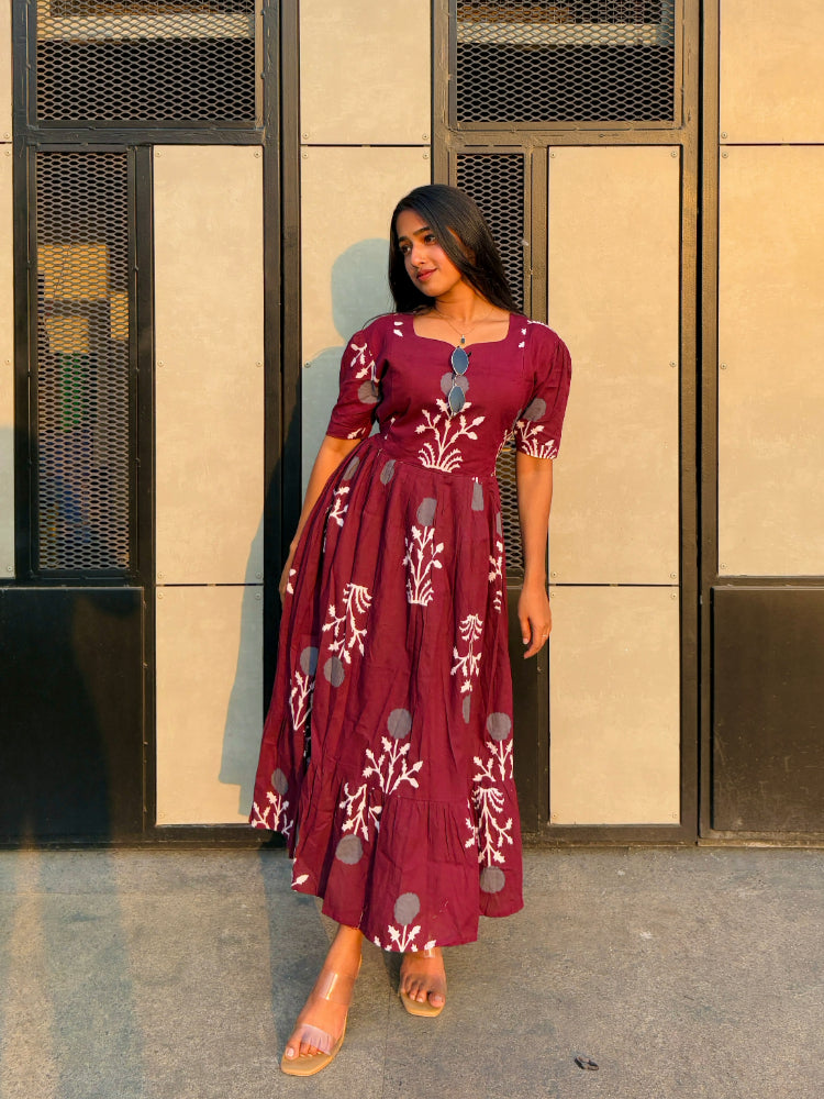 Biba Elegant Maroon Embroidered Maxi Dress