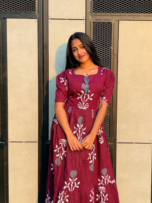 Biba Elegant Maroon Embroidered Maxi Dress