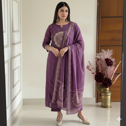 Purple Elegant A-Line Kurti with Embroidery & Dupatta