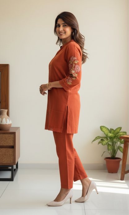 Rust Orange Co-ord Set with Subtle Embroidery Accents