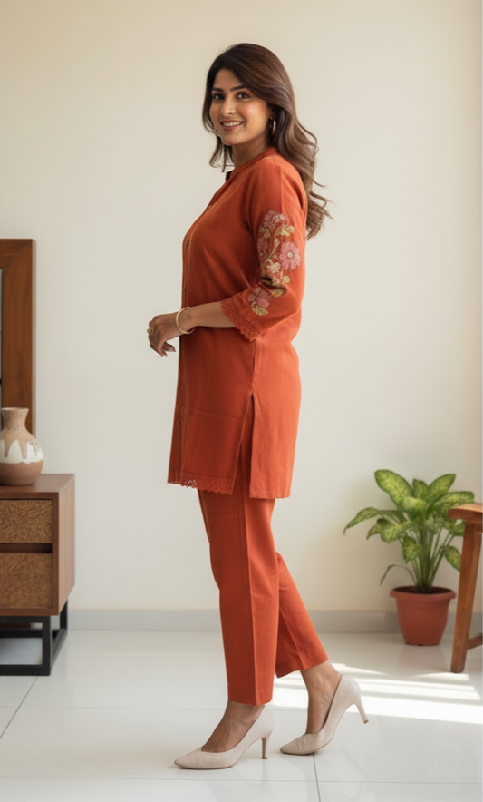 Rust Orange Co-ord Set with Subtle Embroidery Accents