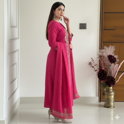 Pink Elegant A-Line Kurti with Embroidery & Dupatta