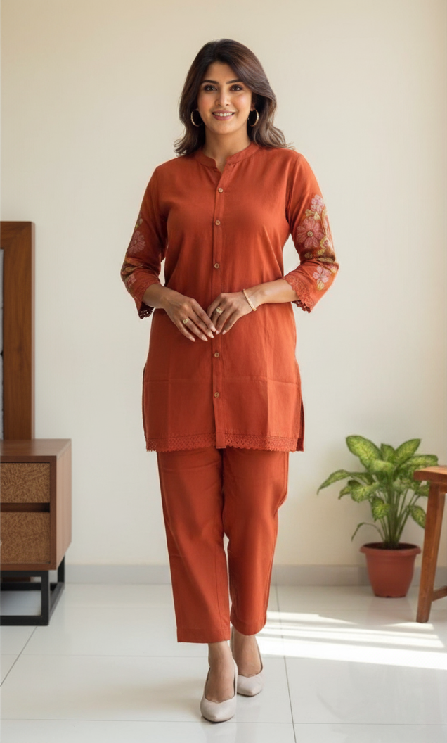 Rust Orange Co-ord Set with Subtle Embroidery Accents