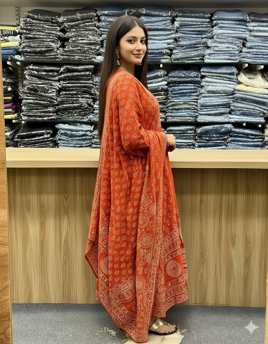 Orange Pure Malmal Cotton Bandhej Print Kurti