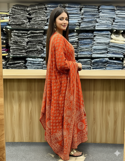 Orange Pure Malmal Cotton Bandhej Print Kurti