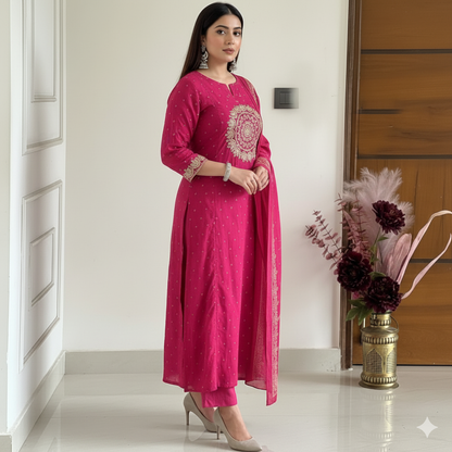 Pink Elegant A-Line Kurti with Embroidery & Dupatta