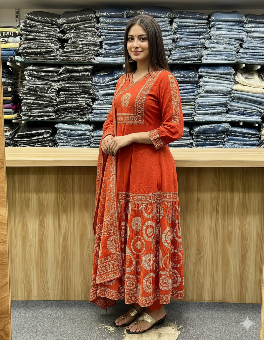 Orange Pure Malmal Cotton Bandhej Print Kurti