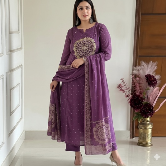 Purple Elegant A-Line Kurti with Embroidery & Dupatta