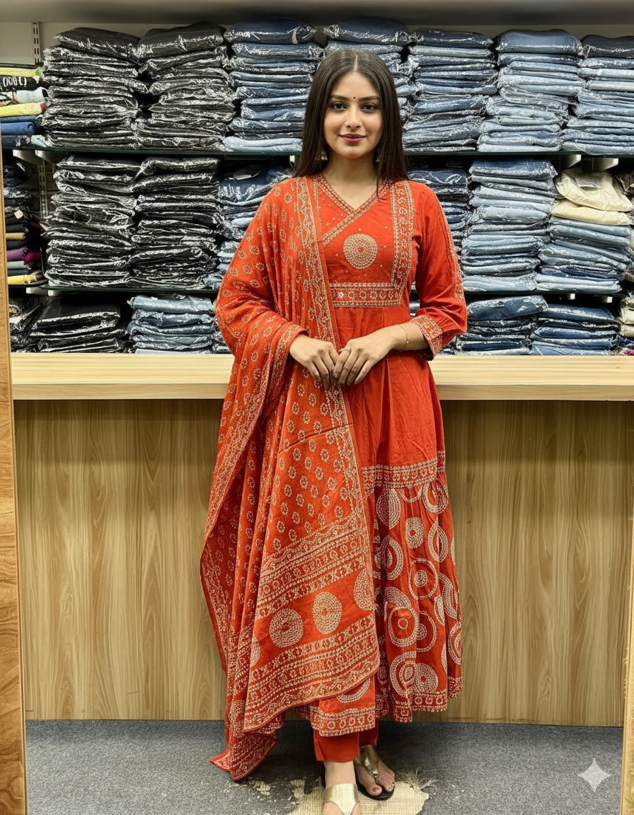 Orange Pure Malmal Cotton Bandhej Print Kurti