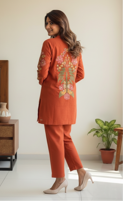 Rust Orange Co-ord Set with Subtle Embroidery Accents