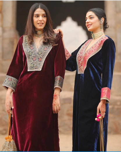 Premium Maroon Velvet Embroidered Kaftan Kurta