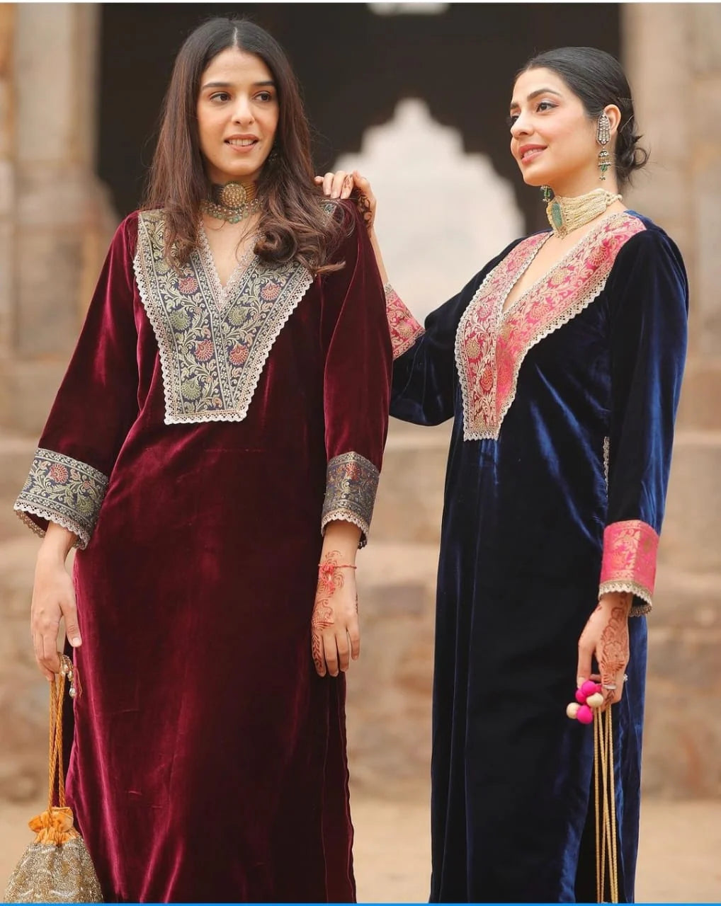 Premium Navy Blue Velvet Embroidered Kaftan Kurta