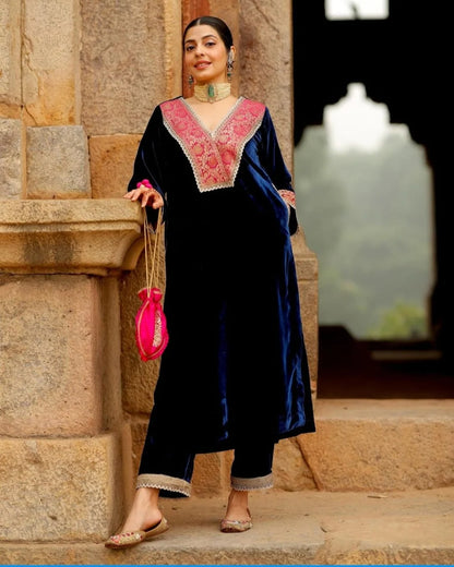 Premium Navy Blue Velvet Embroidered Kaftan Kurta