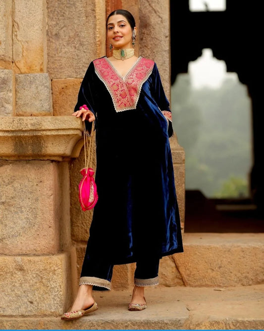 Premium Navy Blue Velvet Embroidered Kaftan Kurta
