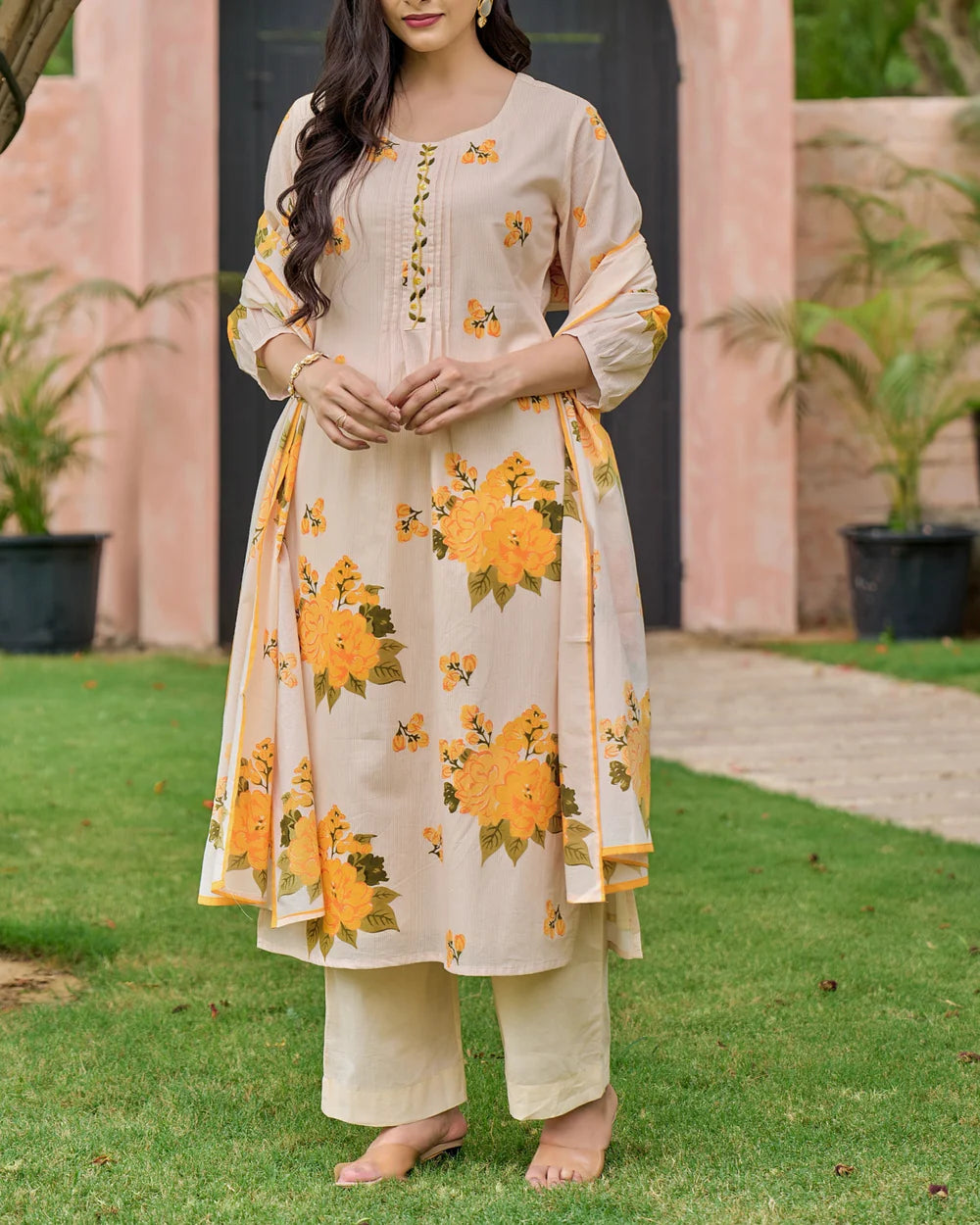 Sunlit Yellow Bloom Handwork Mul Cotton Suit