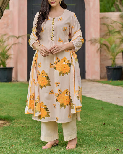 Sunlit Yellow Bloom Handwork Mul Cotton Suit