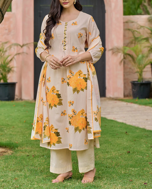 Sunlit Yellow Bloom Handwork Mul Cotton Suit