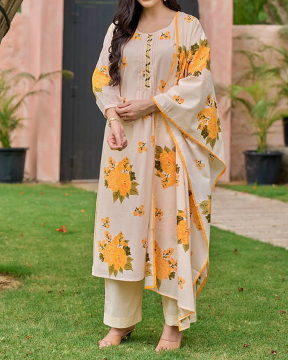 Sunlit Yellow Bloom Handwork Mul Cotton Suit