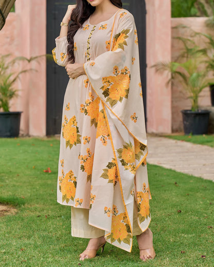 Sunlit Yellow Bloom Handwork Mul Cotton Suit