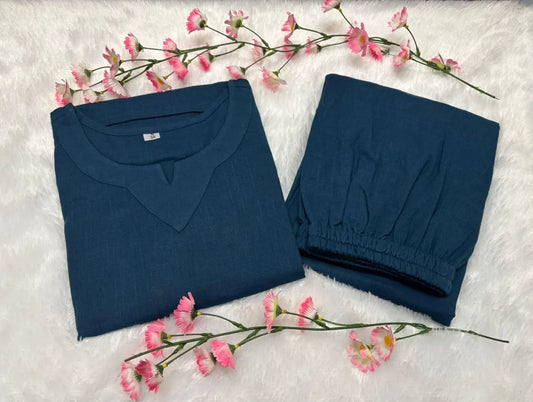 Navy Blue Cotton Casual Loose Kurti and Palazzo Set for Women