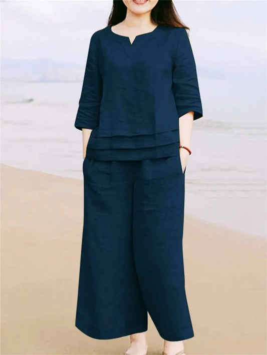 Navy Blue Cotton Casual Loose Kurti and Palazzo Set for Women
