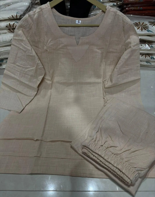 Off-White Cotton Casual Loose Kurti and Palazzo Set for Women