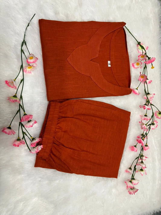 Rust Orange Cotton Casual Loose Kurti and Palazzo Set for Women