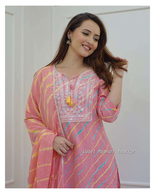 Pink Leheriya Cotton  Blend Embroidered Suit Set For Women