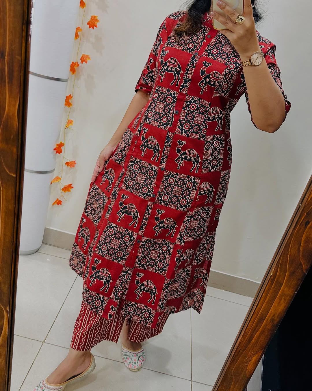 Women’s Maroon Cotton Printed A-Line Kurta Pant Set