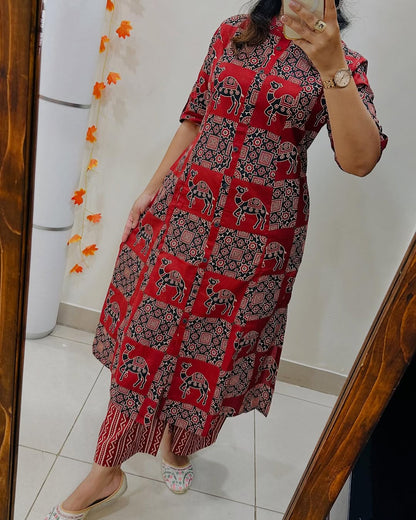 Women’s Maroon Cotton Printed A-Line Kurta Pant Set