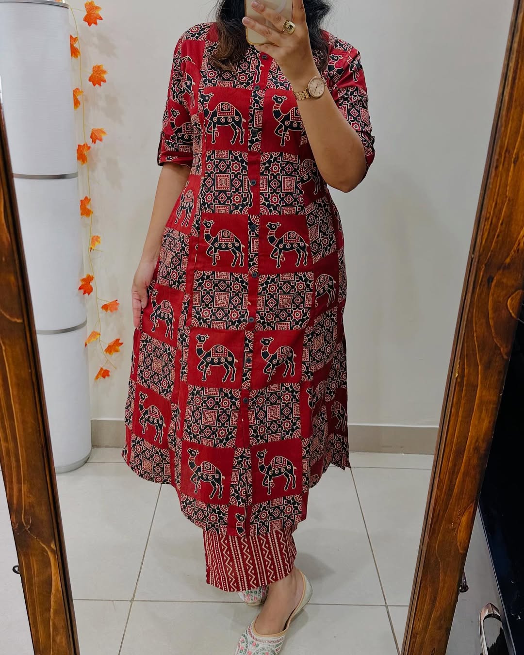 Women’s Maroon Cotton Printed A-Line Kurta Pant Set