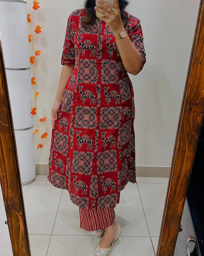 Women’s Maroon Cotton Printed A-Line Kurta Pant Set