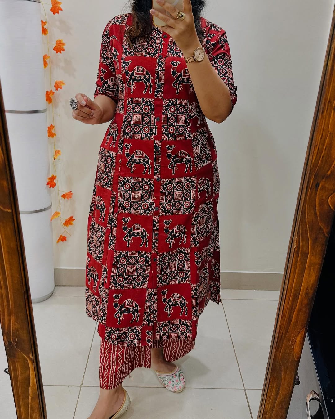 Women’s Maroon Cotton Printed A-Line Kurta Pant Set